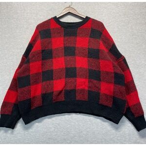 Rue+ Sweater Womens 2X Red Black Buffalo Plaid Tight Knit Ribbed Trim Crew Neck